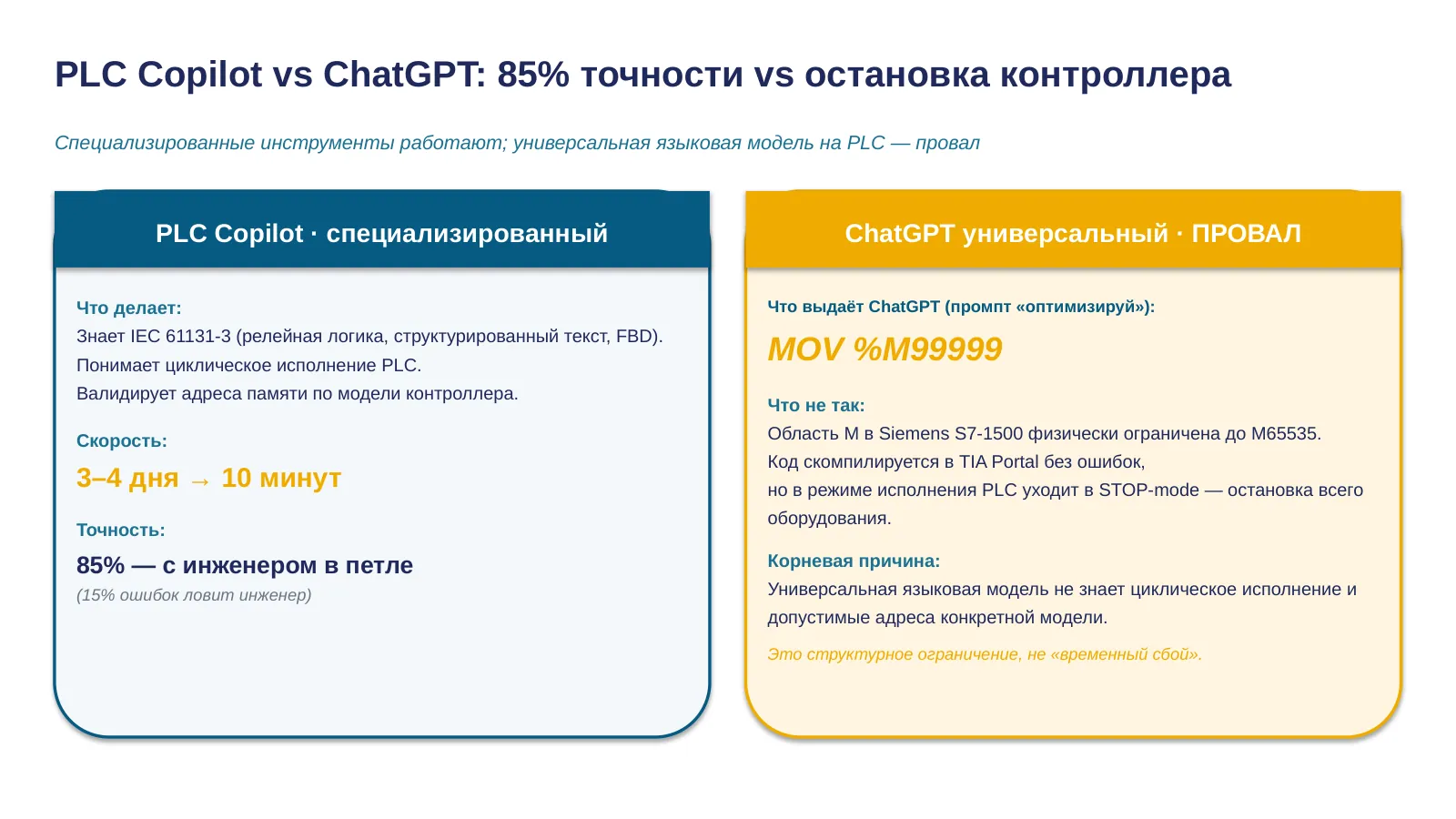 Слайд 17. PLC Copilot 85% — и провал ChatGPT на S7-1500